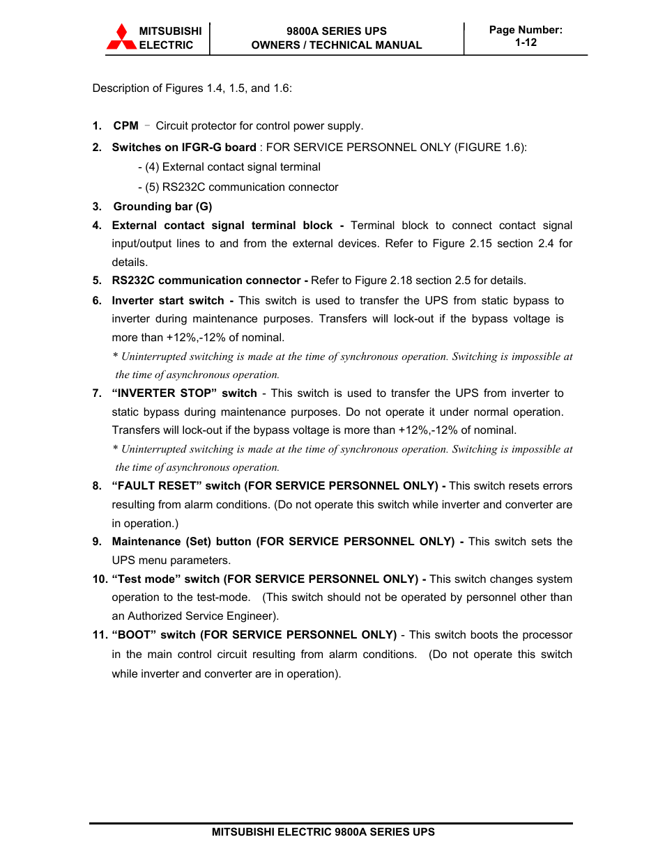 MITSUBISHI ELECTRIC 9800A SERIES UPS User Manual | Page 18 / 69