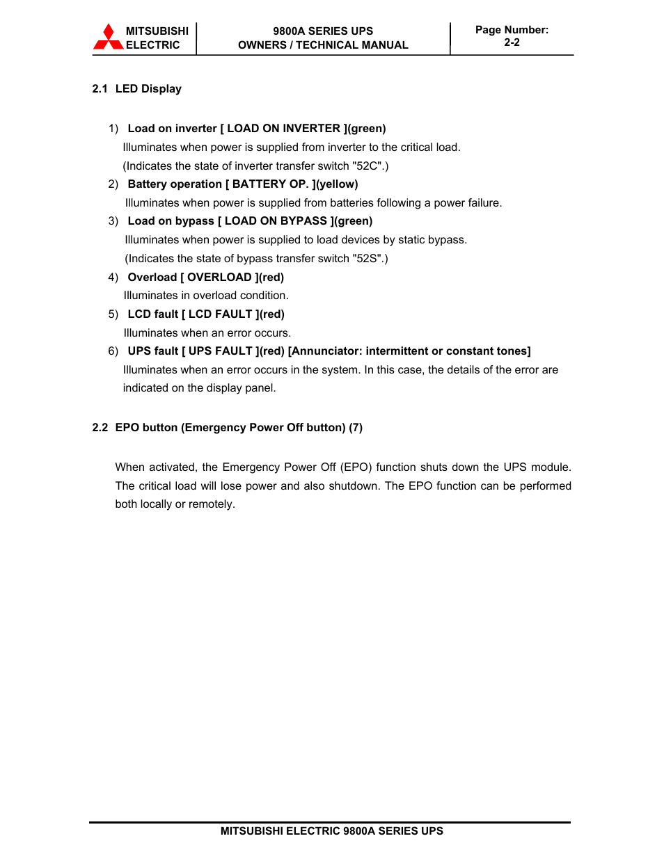 MITSUBISHI ELECTRIC 9800A SERIES UPS User Manual | Page 23 / 69