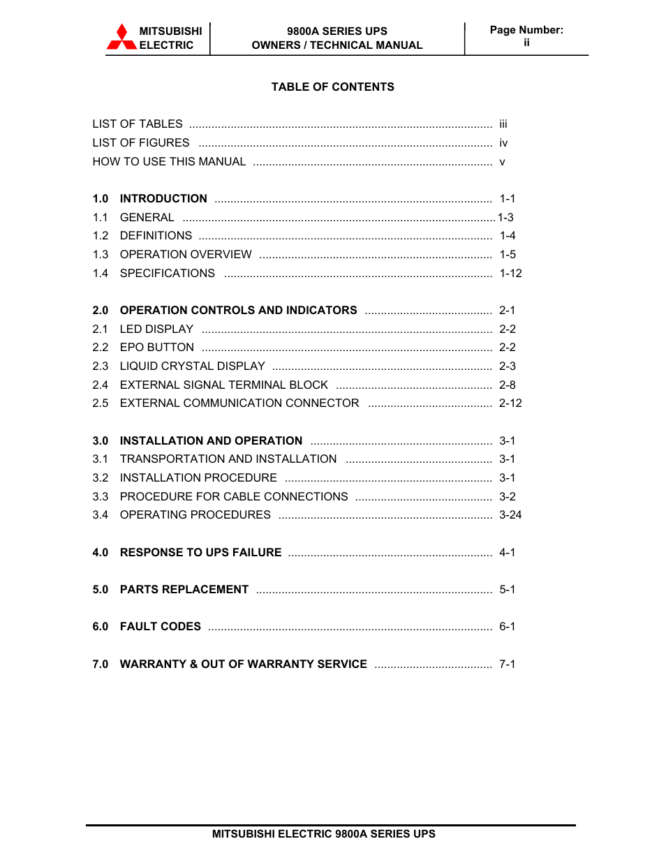MITSUBISHI ELECTRIC 9800A SERIES UPS User Manual | Page 3 / 69