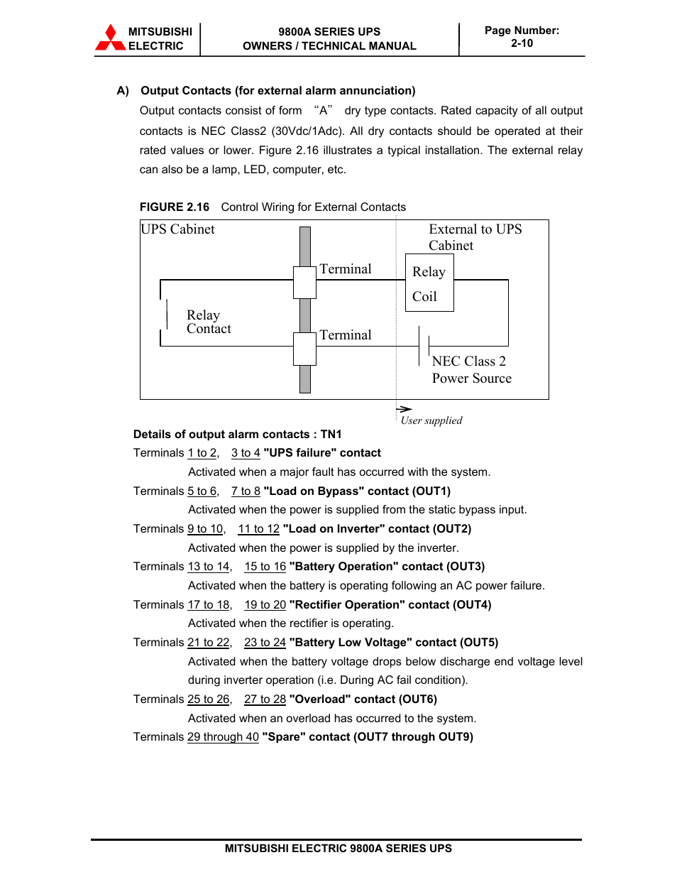 Terminal, Ups cabinet, External to ups | Cabinet, Relay, Coil, Nec class 2, Power source, Contact | MITSUBISHI ELECTRIC 9800A SERIES UPS User Manual | Page 31 / 69