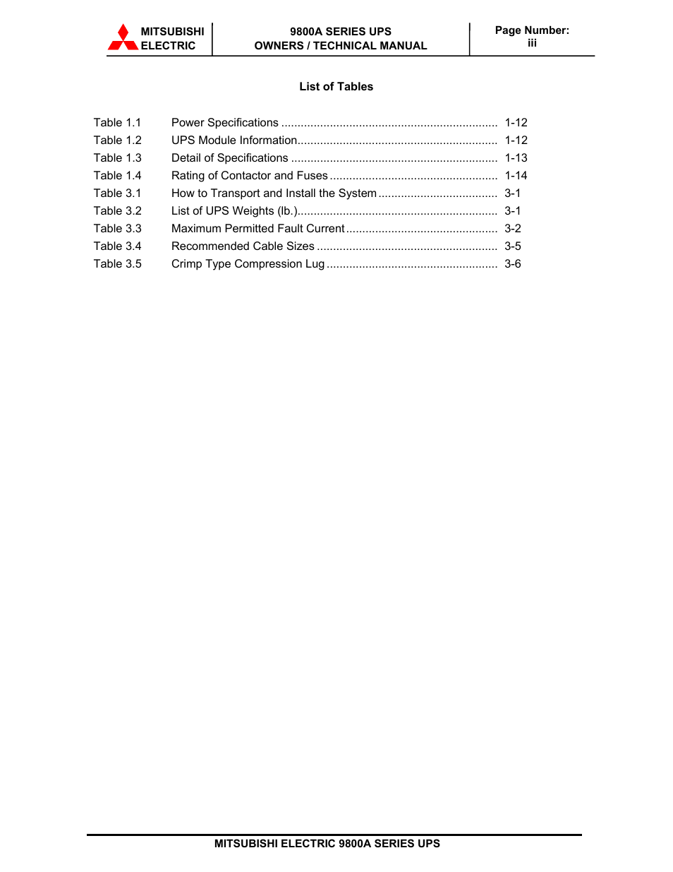 MITSUBISHI ELECTRIC 9800A SERIES UPS User Manual | Page 4 / 69