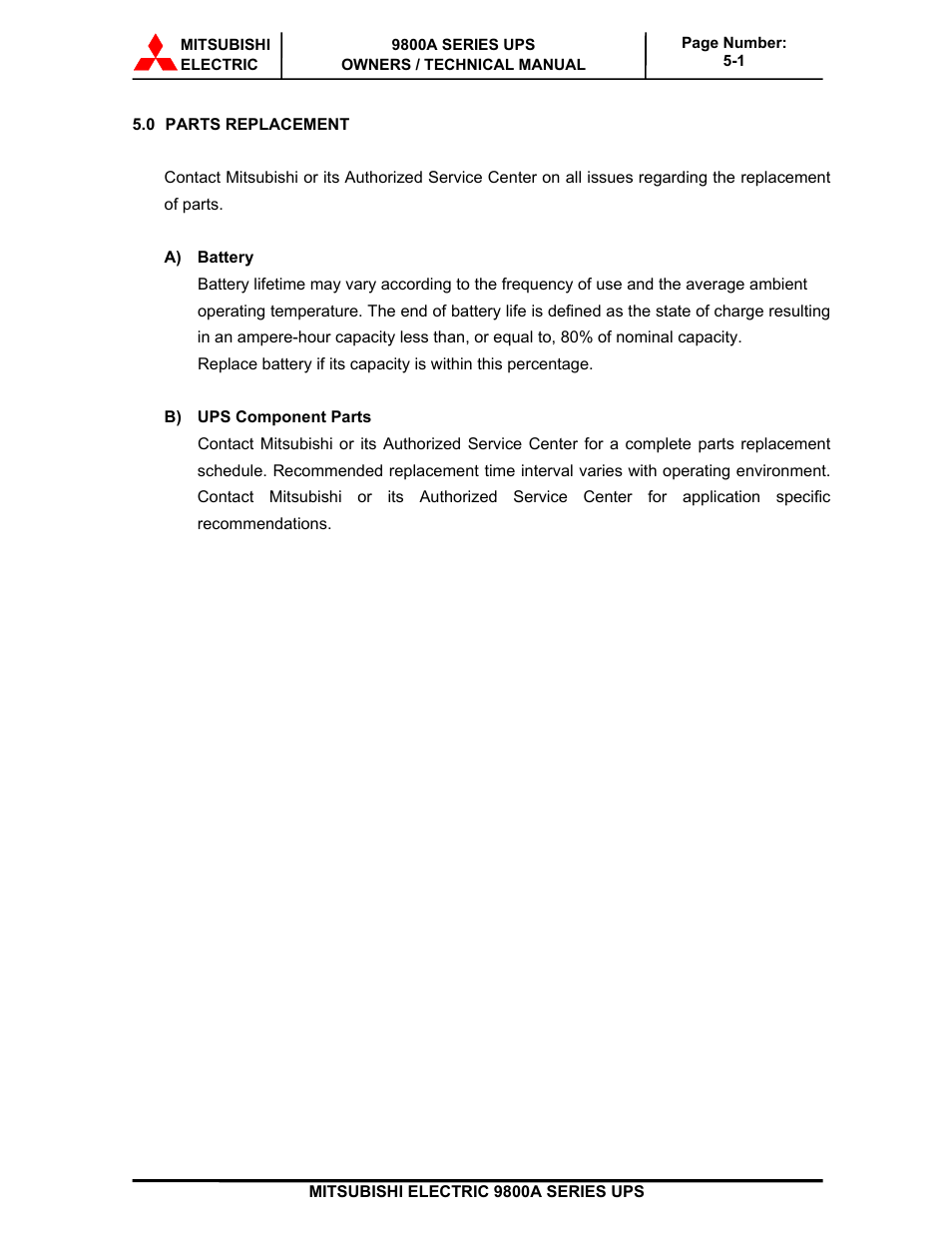 MITSUBISHI ELECTRIC 9800A SERIES UPS User Manual | Page 61 / 69