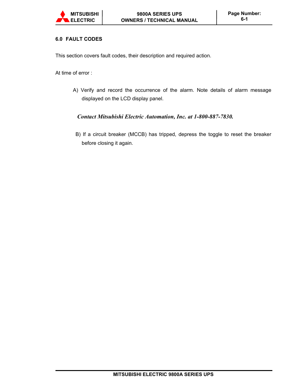 MITSUBISHI ELECTRIC 9800A SERIES UPS User Manual | Page 62 / 69