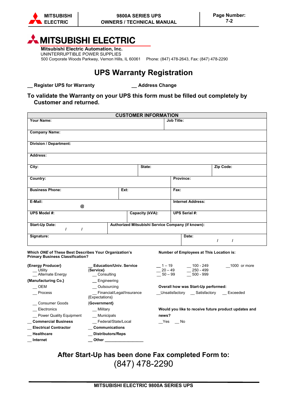 Ups warranty registration, After start-up has been done fax completed form to | MITSUBISHI ELECTRIC 9800A SERIES UPS User Manual | Page 69 / 69