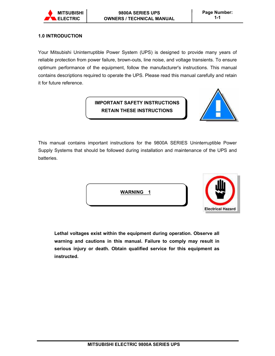 MITSUBISHI ELECTRIC 9800A SERIES UPS User Manual | Page 7 / 69