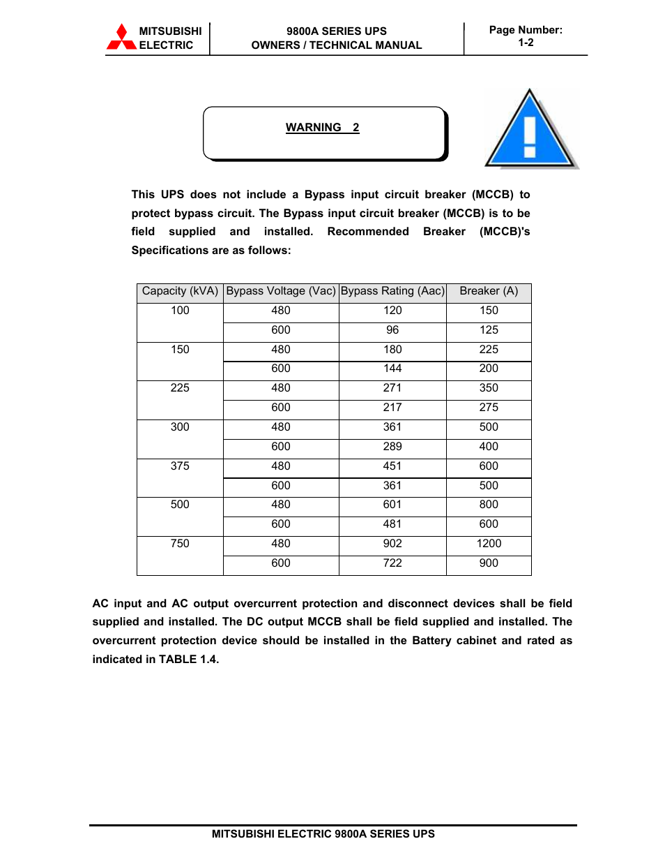 MITSUBISHI ELECTRIC 9800A SERIES UPS User Manual | Page 8 / 69