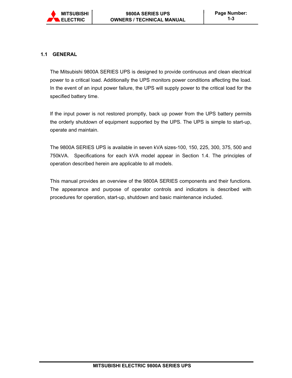 MITSUBISHI ELECTRIC 9800A SERIES UPS User Manual | Page 9 / 69