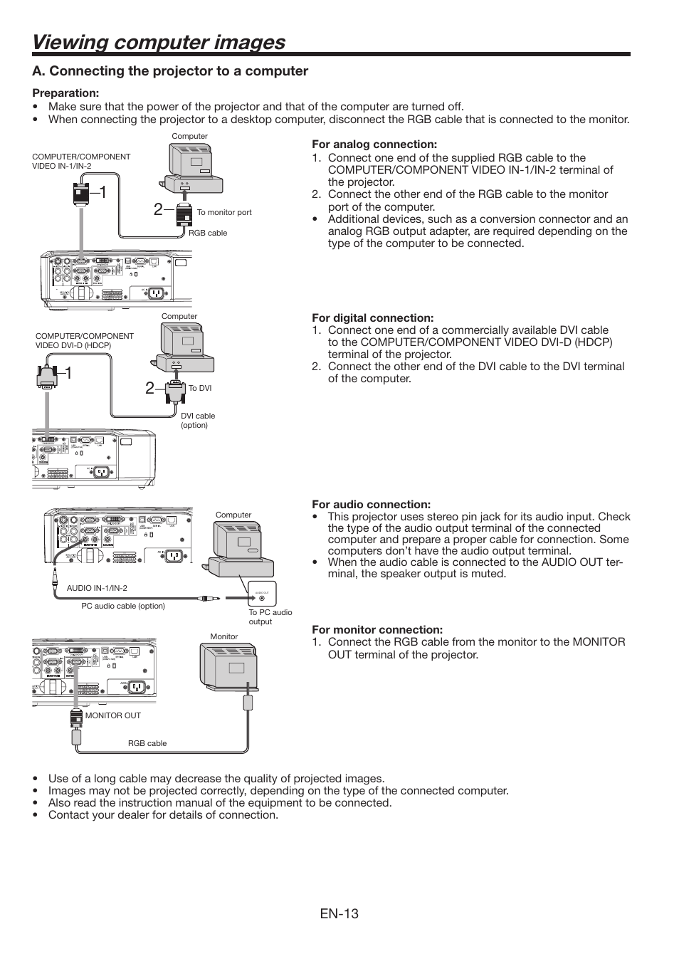 Viewing computer images, En-13, A. connecting the projector to a computer | MITSUBISHI ELECTRIC WL639U User Manual | Page 13 / 47