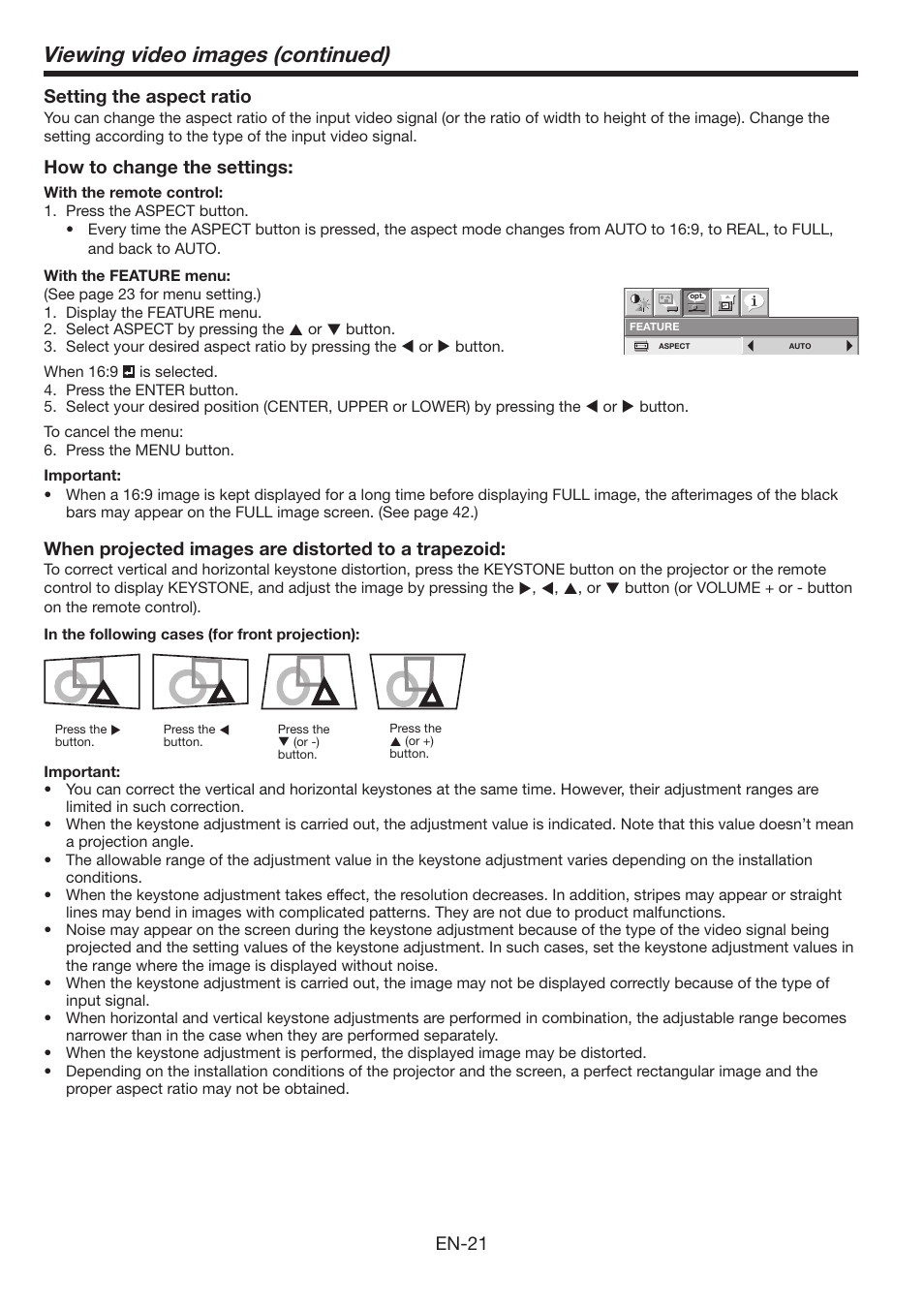 Viewing video images (continued), En-1 setting the aspect ratio, How to change the settings | When projected images are distorted to a trapezoid | MITSUBISHI ELECTRIC WL639U User Manual | Page 21 / 47