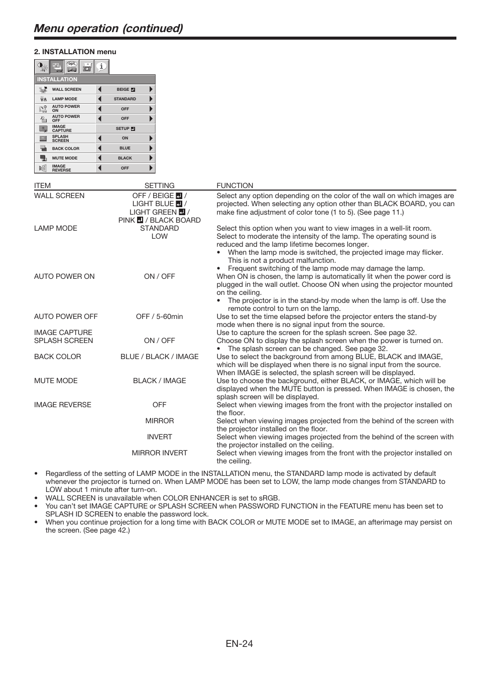 Menu operation (continued), En-4 | MITSUBISHI ELECTRIC WL639U User Manual | Page 24 / 47