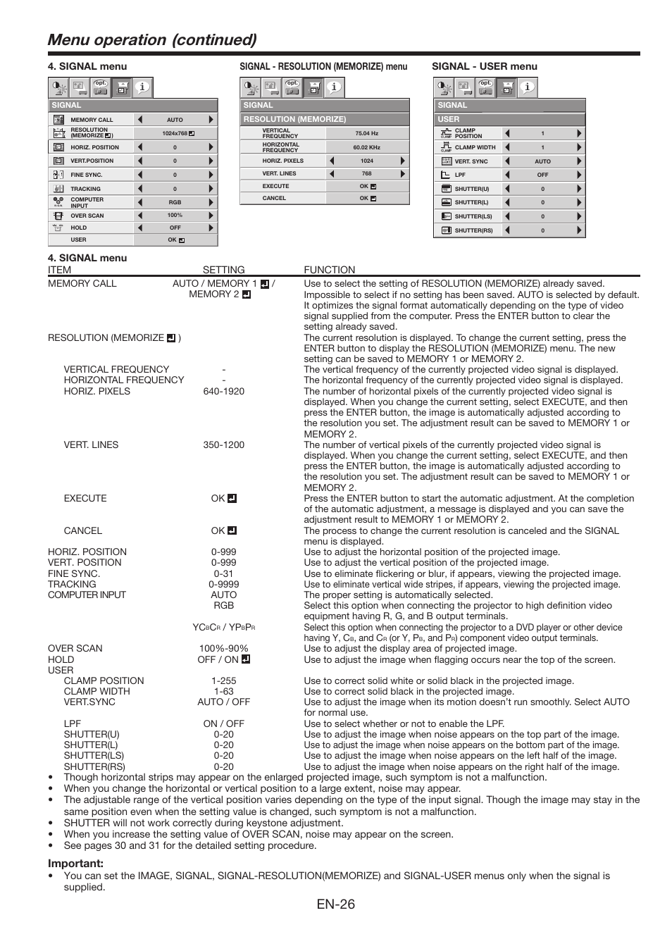 Menu operation (continued), En-6, Important | MITSUBISHI ELECTRIC WL639U User Manual | Page 26 / 47