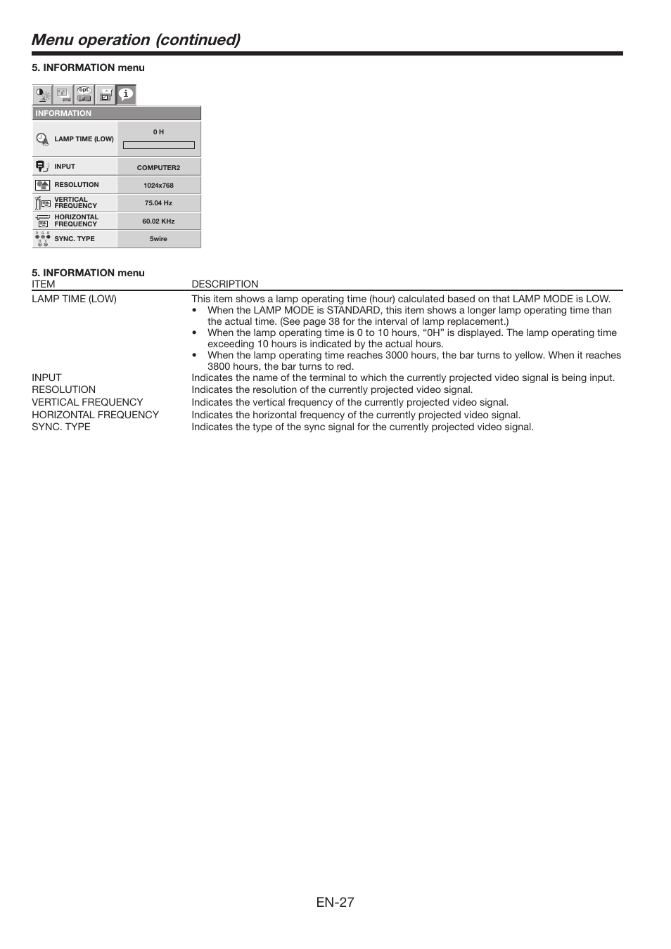 Menu operation (continued), En-7 | MITSUBISHI ELECTRIC WL639U User Manual | Page 27 / 47
