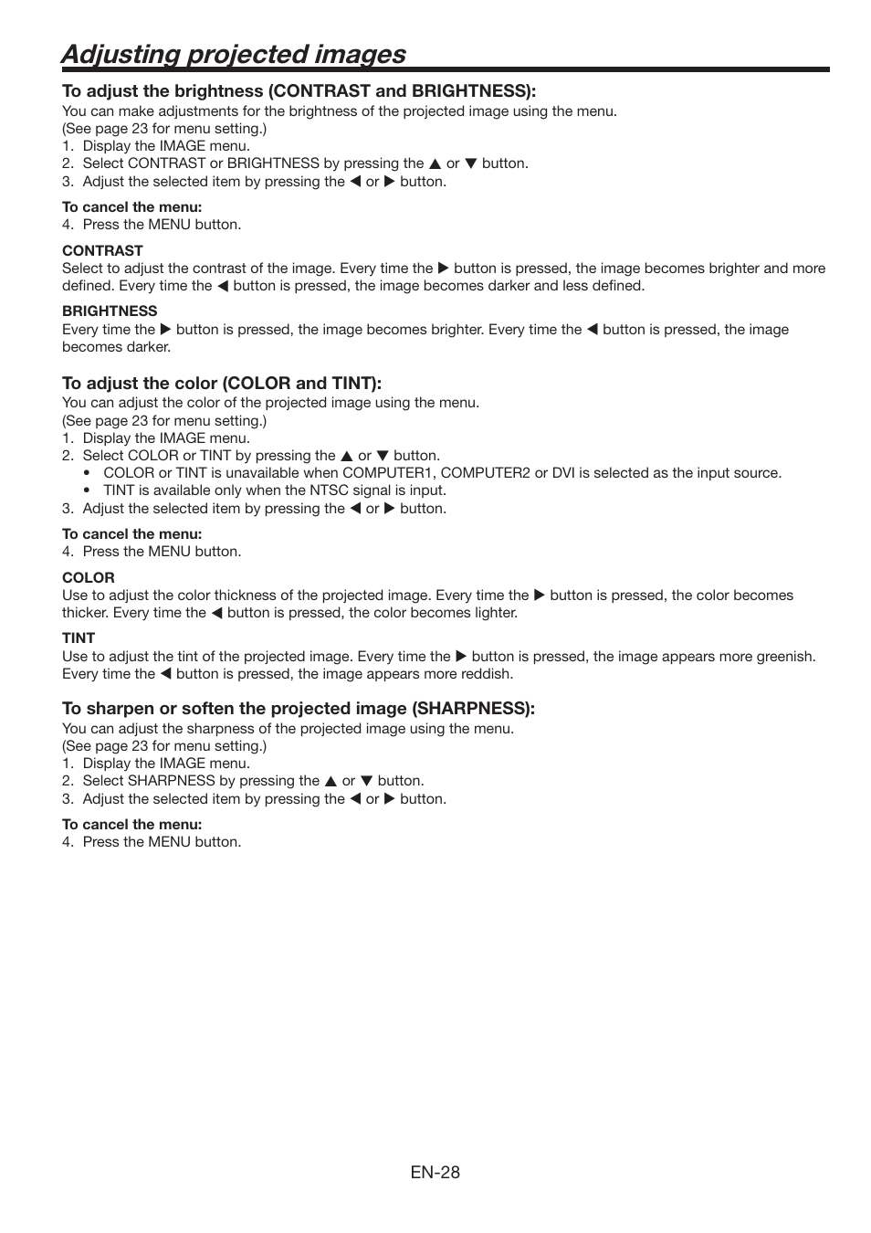 Adjusting projected images | MITSUBISHI ELECTRIC WL639U User Manual | Page 28 / 47