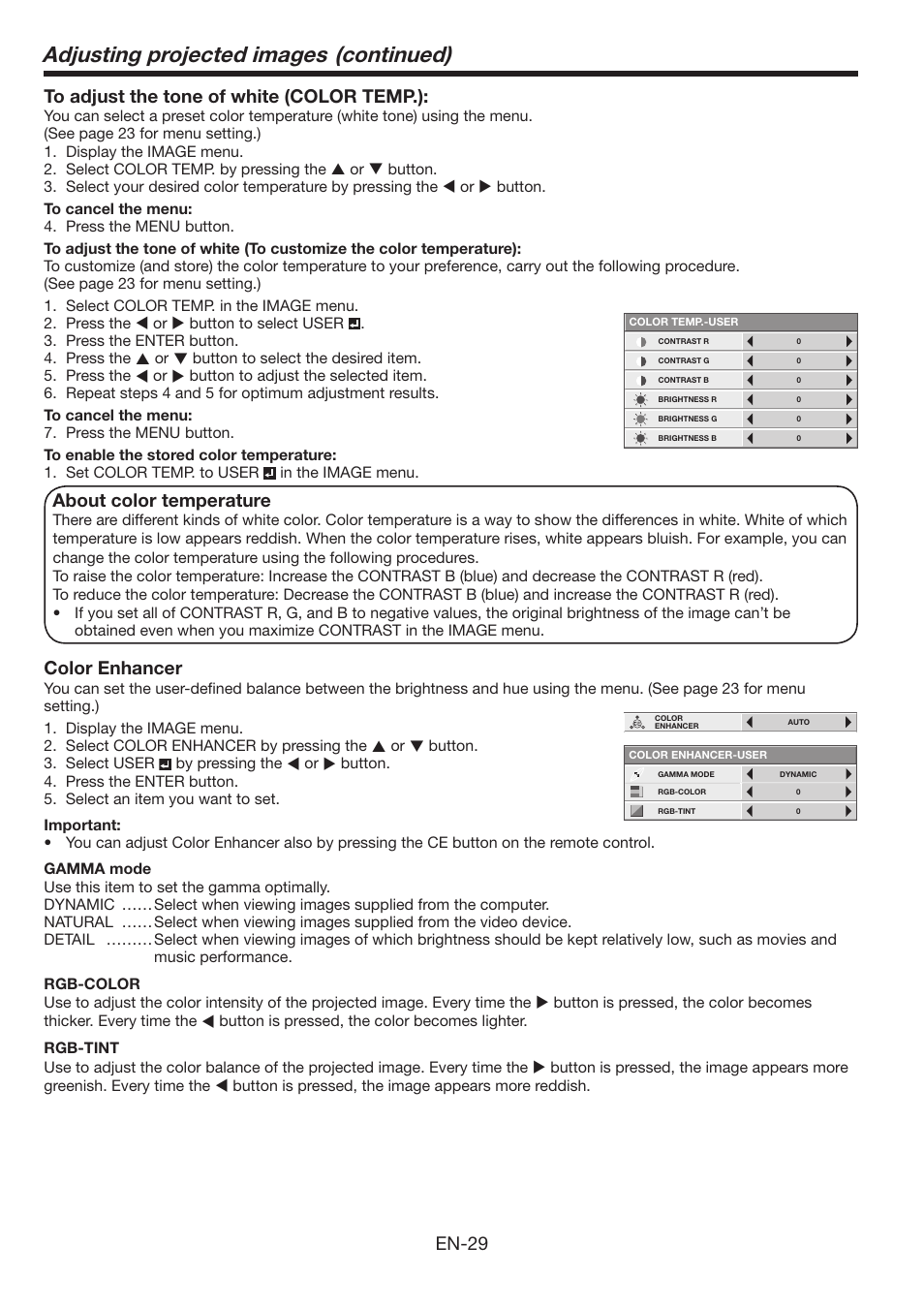 Adjusting projected images (continued), En-9 to adjust the tone of white (color temp.), About color temperature | Color enhancer | MITSUBISHI ELECTRIC WL639U User Manual | Page 29 / 47