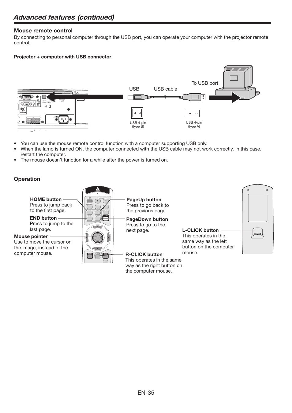 Advanced features (continued), En-35, Mouse remote control | Operation | MITSUBISHI ELECTRIC WL639U User Manual | Page 35 / 47