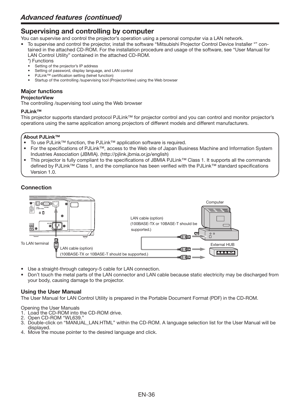 Advanced features (continued), Supervising and controlling by computer, En-36 | MITSUBISHI ELECTRIC WL639U User Manual | Page 36 / 47