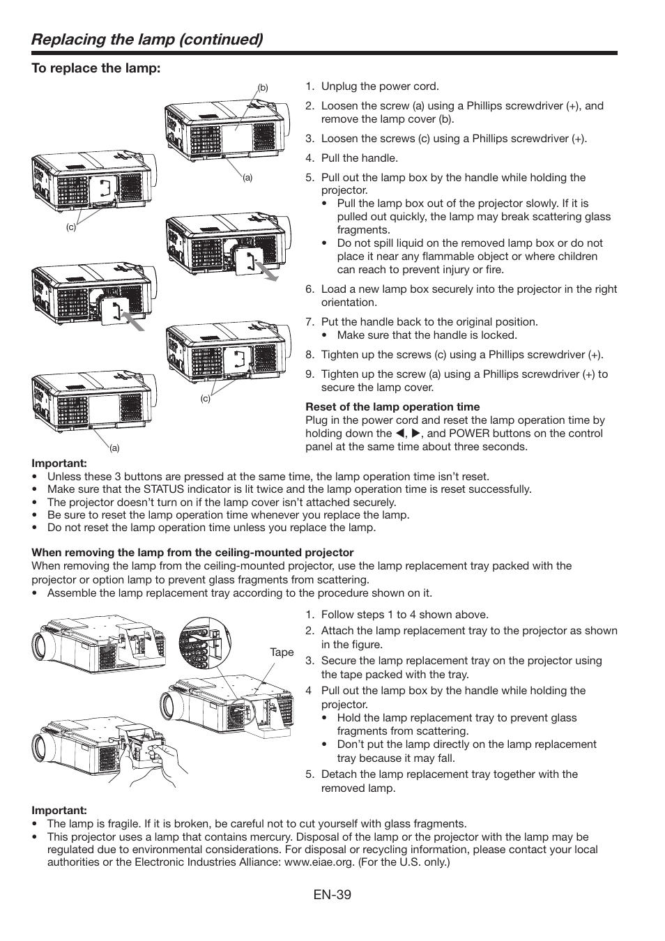 Replacing the lamp (continued) | MITSUBISHI ELECTRIC WL639U User Manual | Page 39 / 47