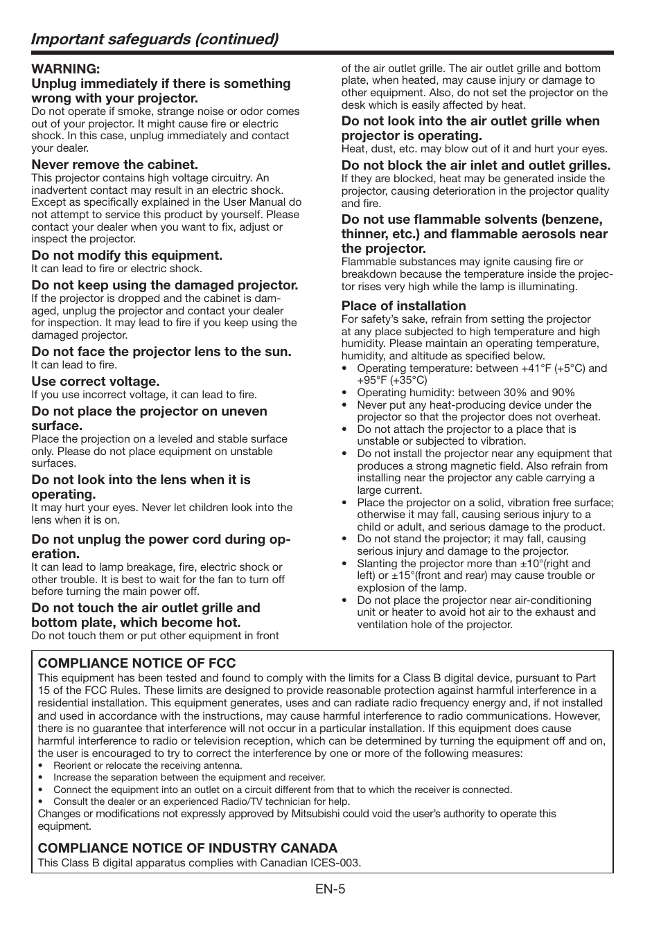 Important safeguards (continued) | MITSUBISHI ELECTRIC WL639U User Manual | Page 5 / 47