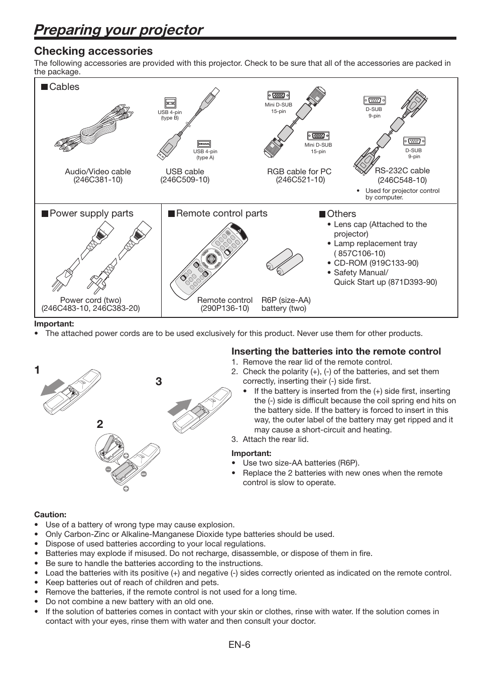 Preparing your projector, 12 3 checking accessories, En-6 | Inserting the batteries into the remote control, Cables power supply parts remote control parts, Others | MITSUBISHI ELECTRIC WL639U User Manual | Page 6 / 47