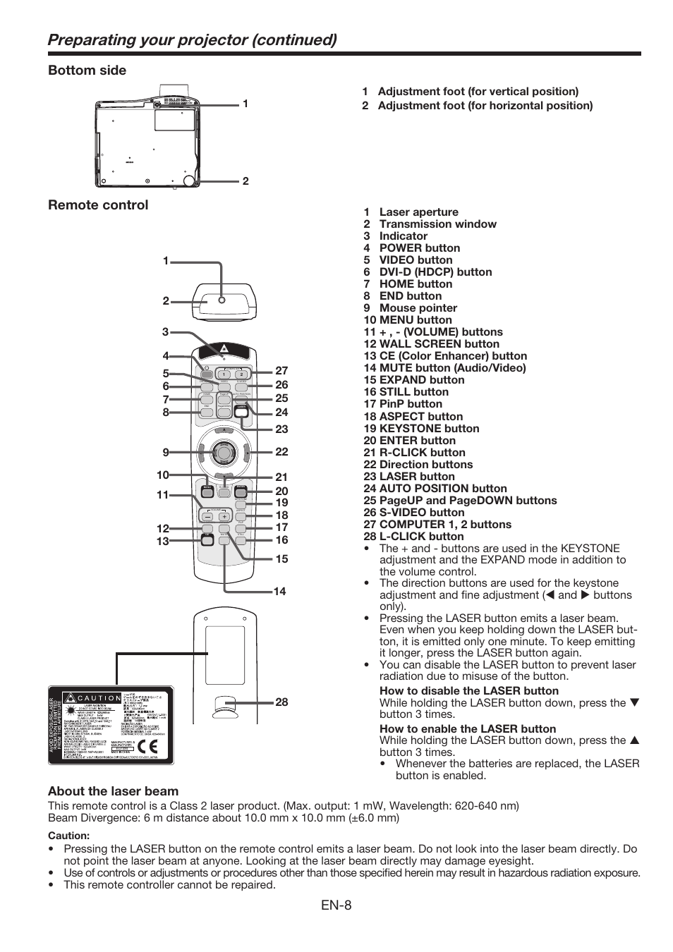 Preparating your projector (continued), En-8, Bottom side | Remote control, About the laser beam | MITSUBISHI ELECTRIC WL639U User Manual | Page 8 / 47