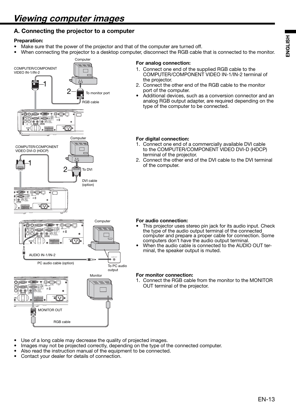 Viewing computer images, En-13, A. connecting the projector to a computer | MITSUBISHI ELECTRIC XL650U User Manual | Page 13 / 45