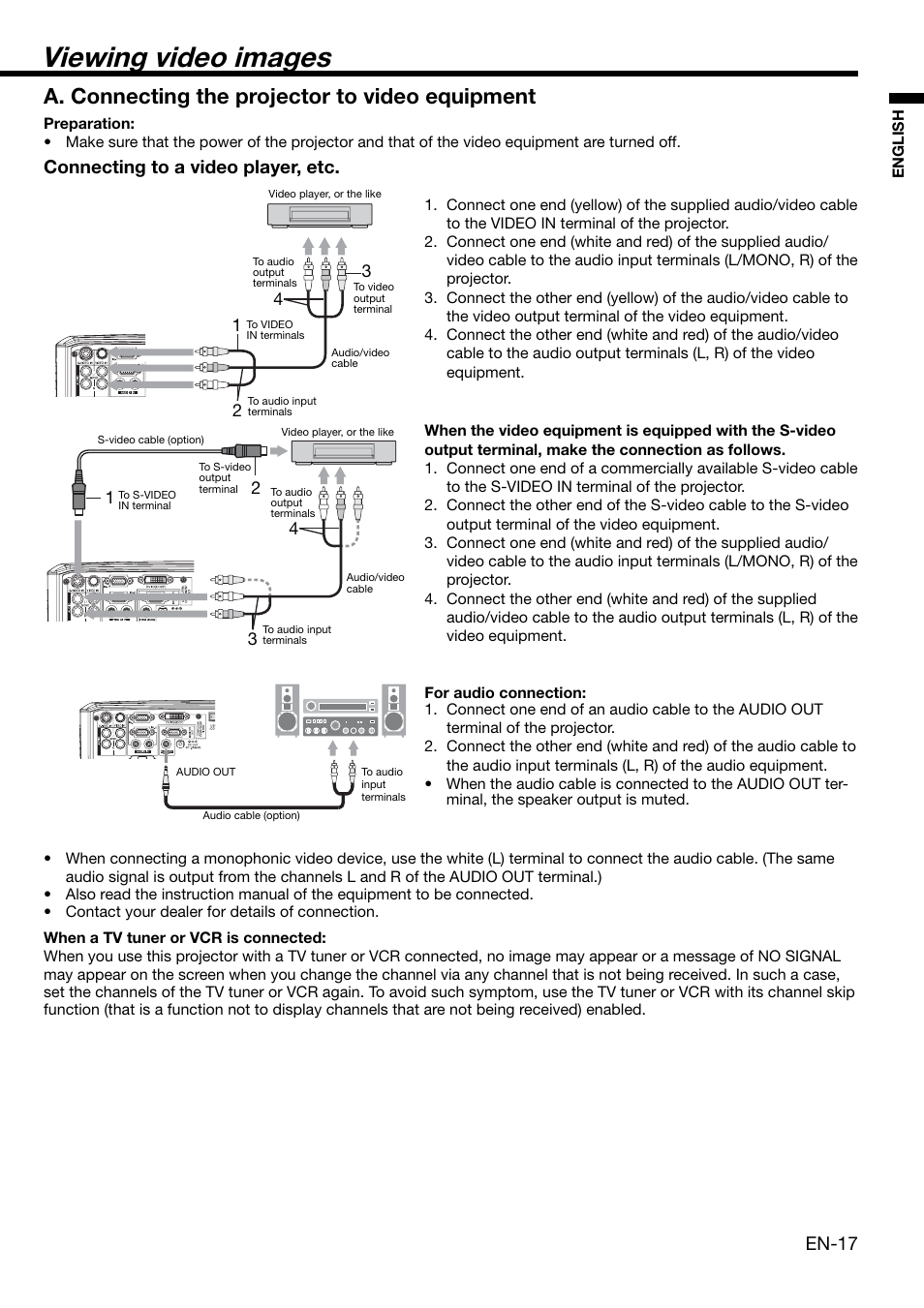 Viewing video images, A. connecting the projector to video equipment, En-17 | Connecting to a video player, etc | MITSUBISHI ELECTRIC XL650U User Manual | Page 17 / 45