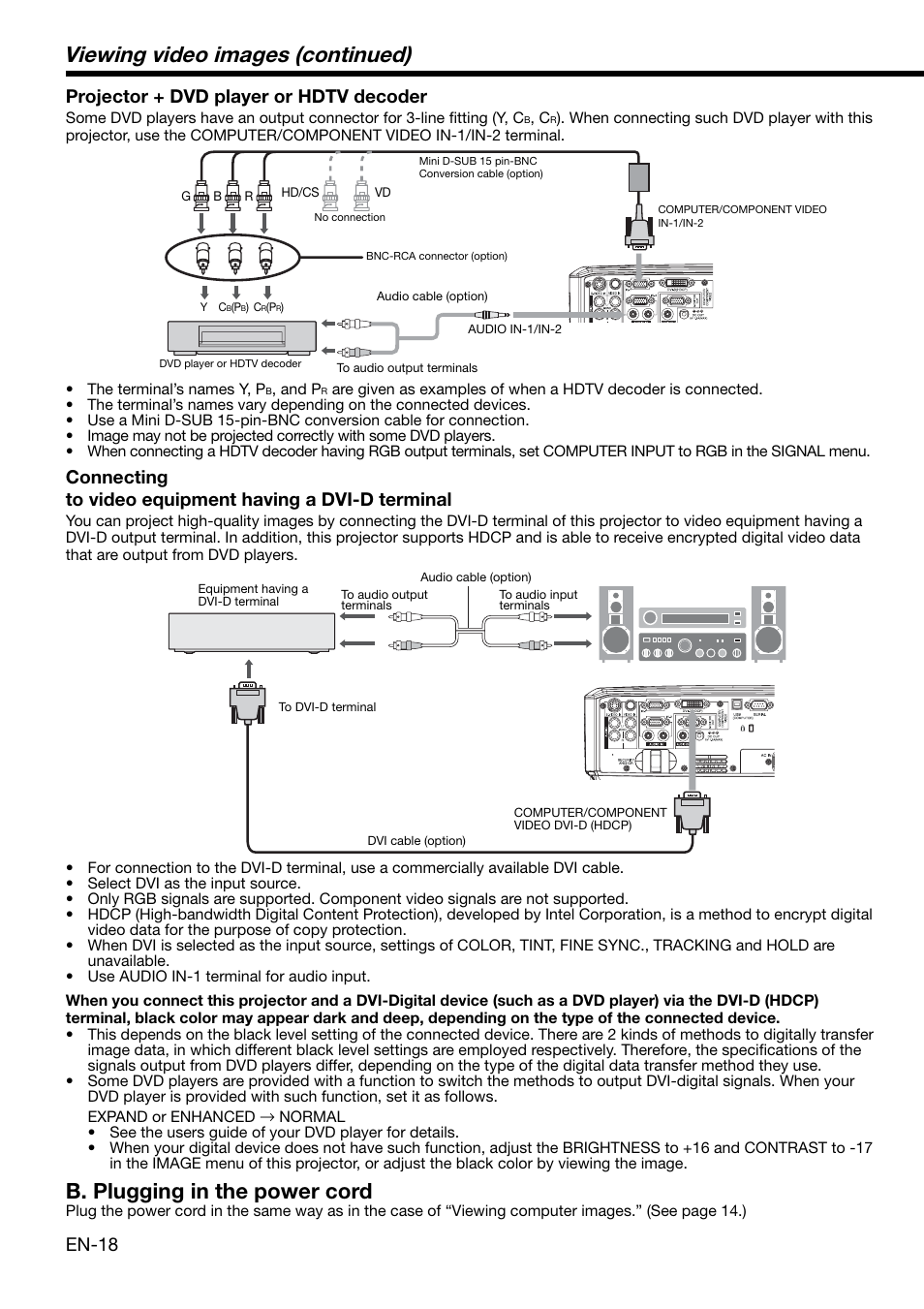 Viewing video images (continued), B. plugging in the power cord, Projector + dvd player or hdtv decoder | MITSUBISHI ELECTRIC XL650U User Manual | Page 18 / 45