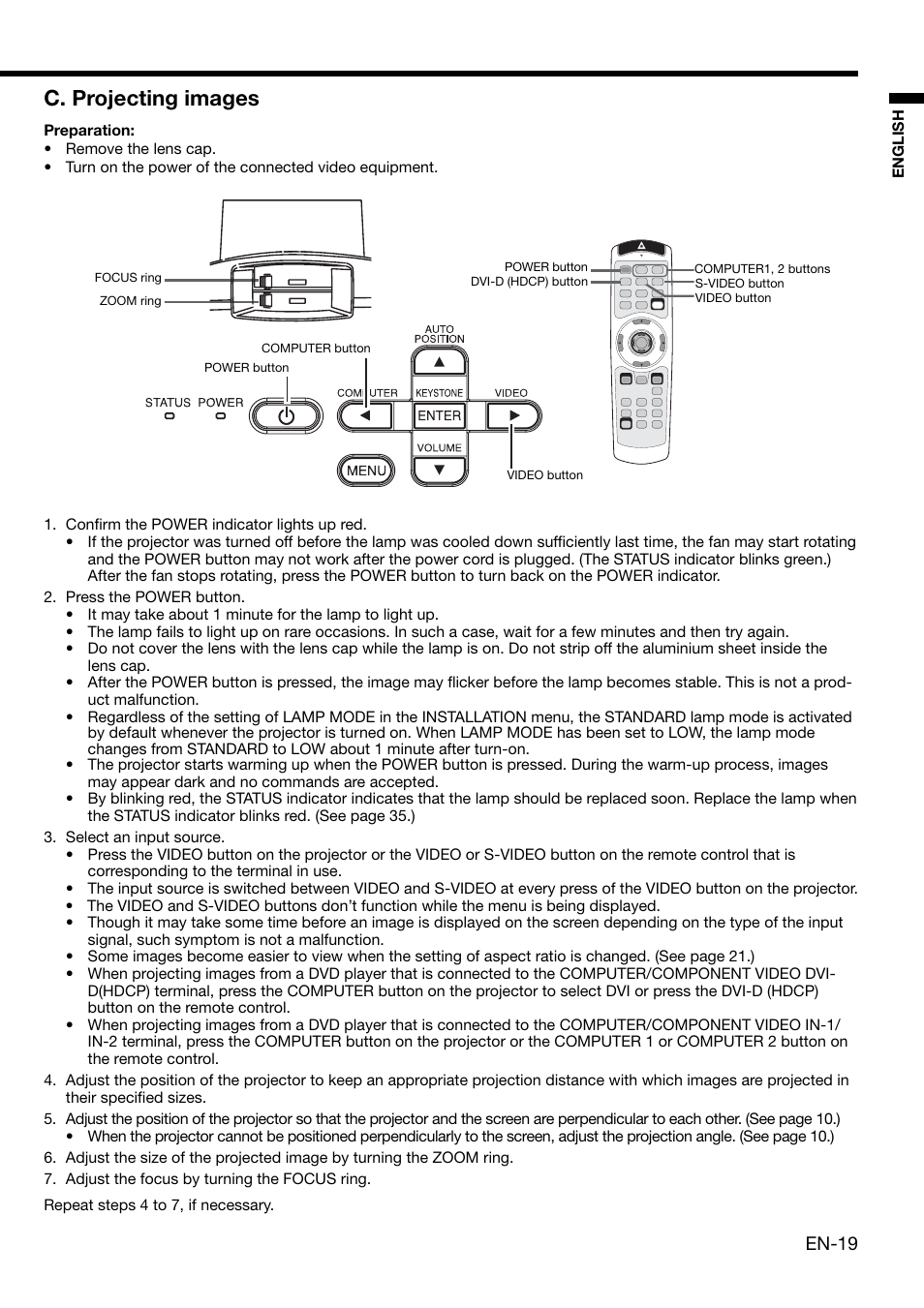 C. projecting images, En-19 | MITSUBISHI ELECTRIC XL650U User Manual | Page 19 / 45