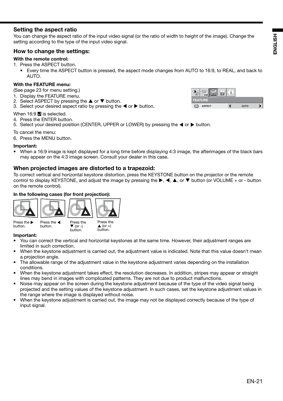 En-21, Setting the aspect ratio, How to change the settings | When projected images are distorted to a trapezoid | MITSUBISHI ELECTRIC XL650U User Manual | Page 21 / 45