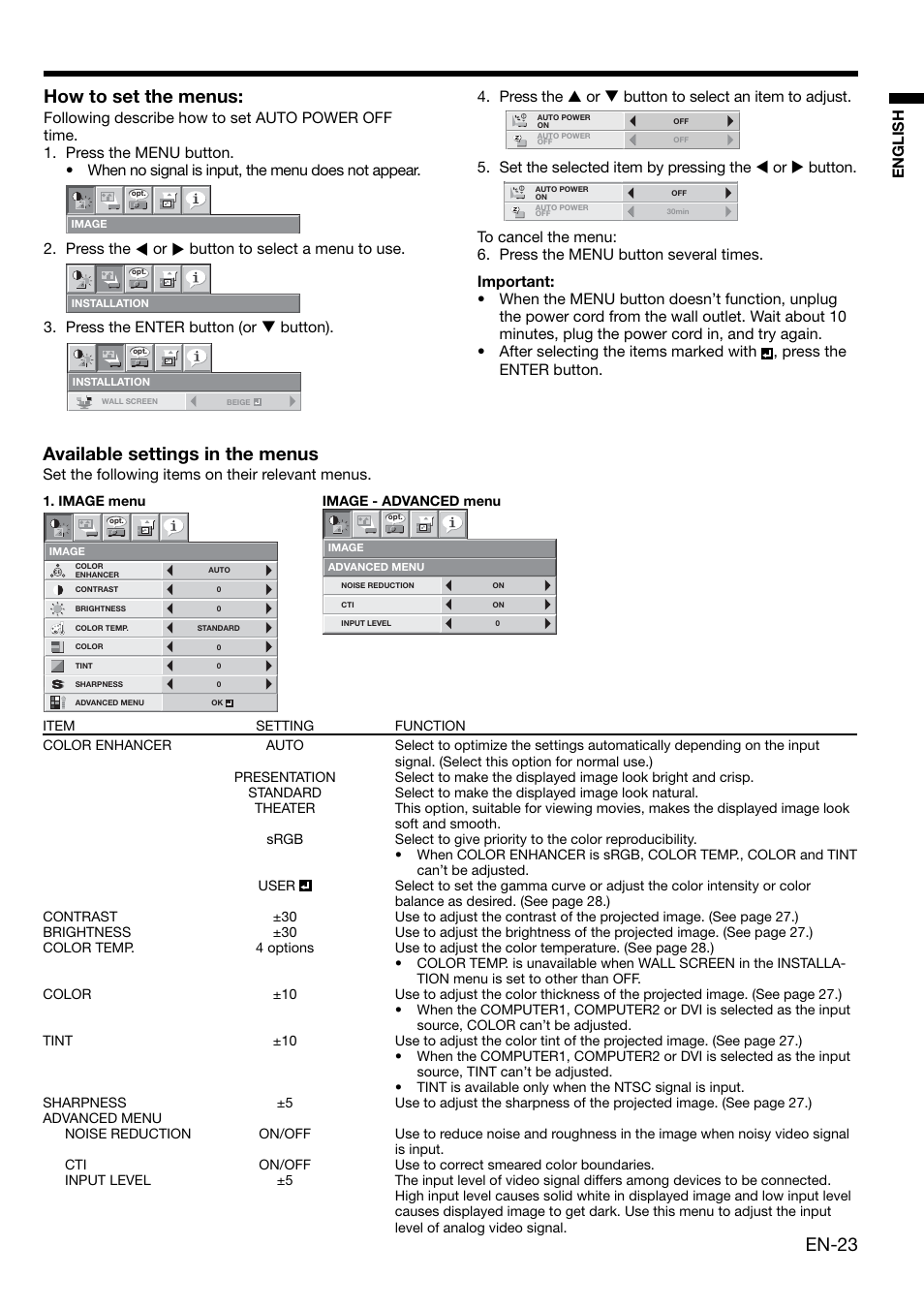 En-23, Available settings in the menus, How to set the menus | English, Set the following items on their relevant menus | MITSUBISHI ELECTRIC XL650U User Manual | Page 23 / 45