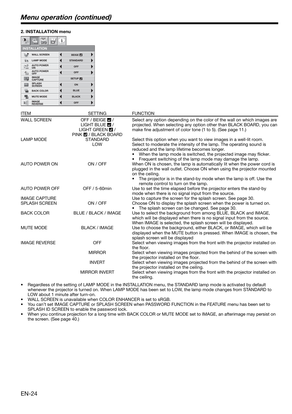 Menu operation (continued), En-24 | MITSUBISHI ELECTRIC XL650U User Manual | Page 24 / 45