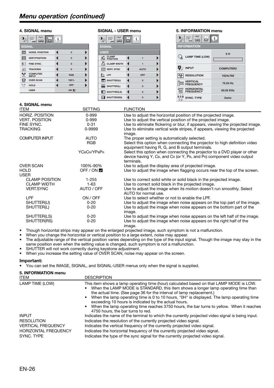 Menu operation (continued), En-26 | MITSUBISHI ELECTRIC XL650U User Manual | Page 26 / 45