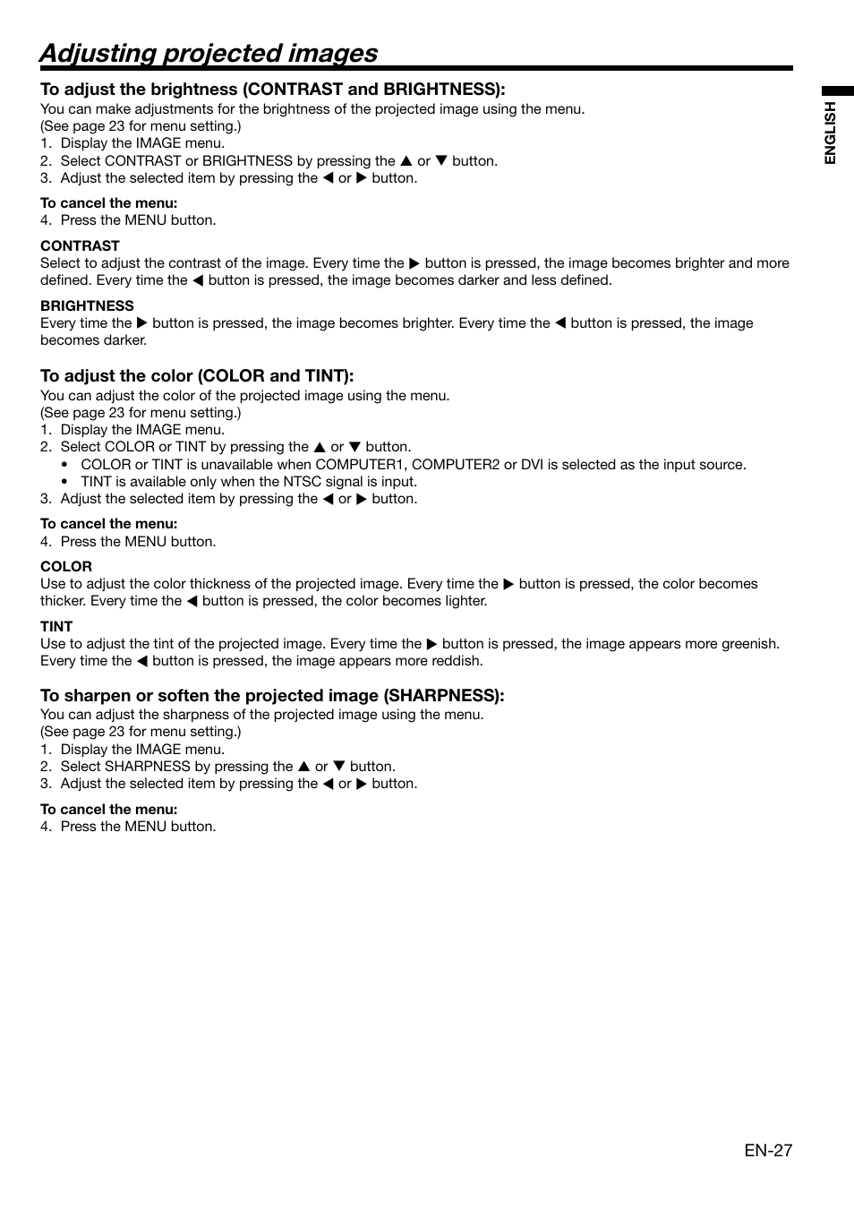 Adjusting projected images | MITSUBISHI ELECTRIC XL650U User Manual | Page 27 / 45