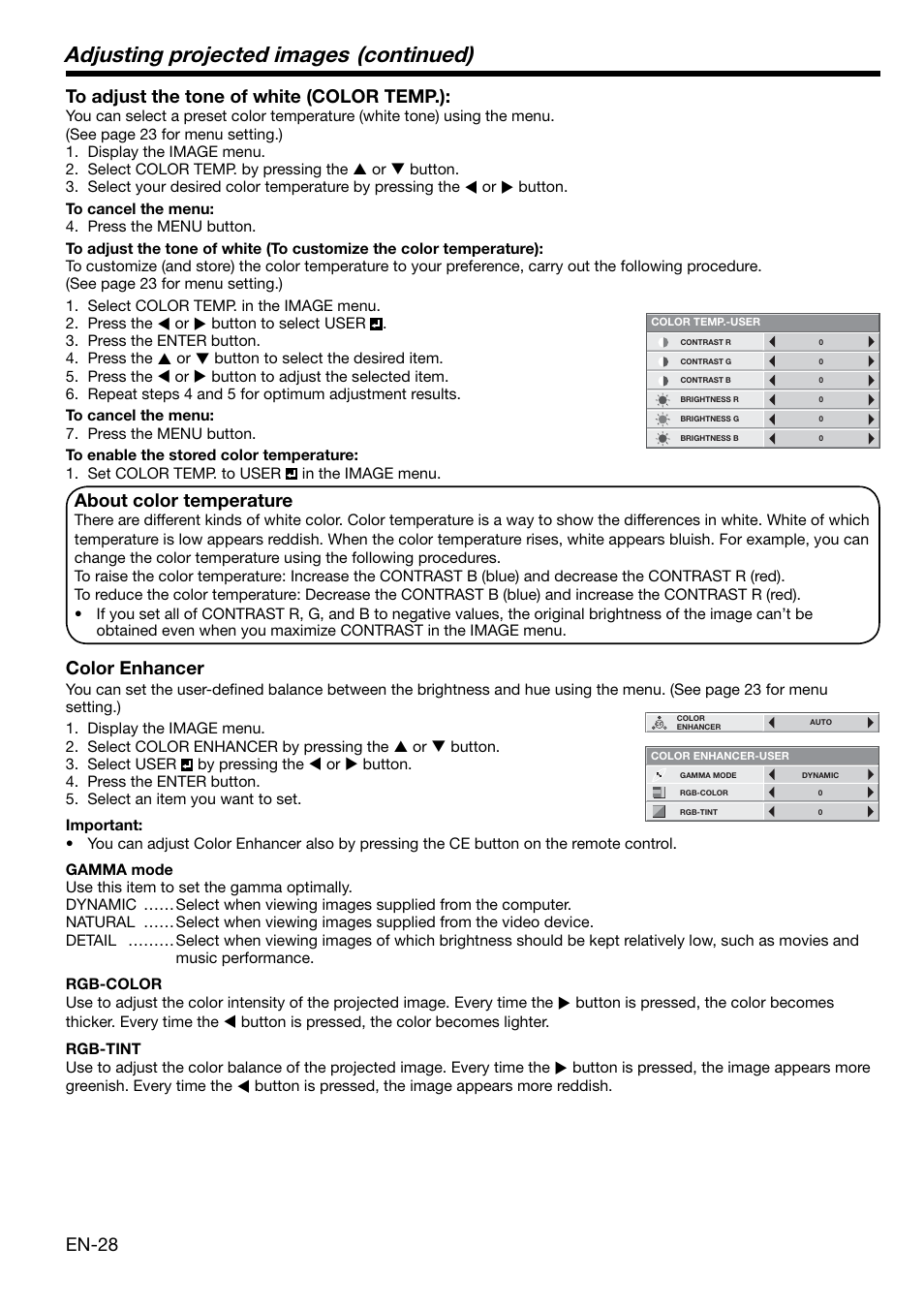 Adjusting projected images (continued), En-28 to adjust the tone of white (color temp.), About color temperature | Color enhancer | MITSUBISHI ELECTRIC XL650U User Manual | Page 28 / 45