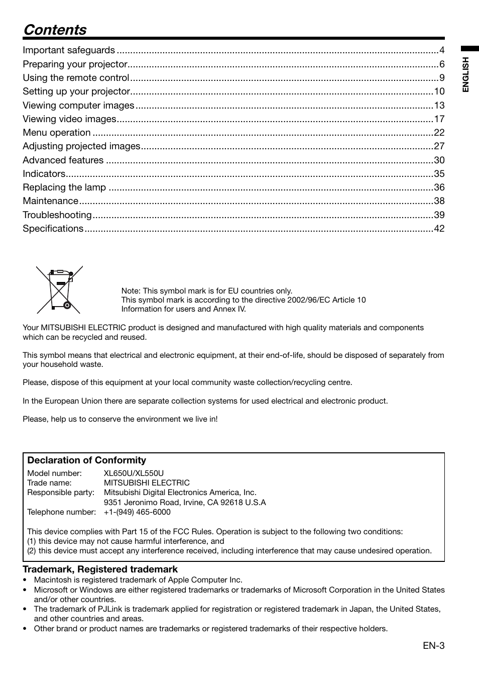 MITSUBISHI ELECTRIC XL650U User Manual | Page 3 / 45