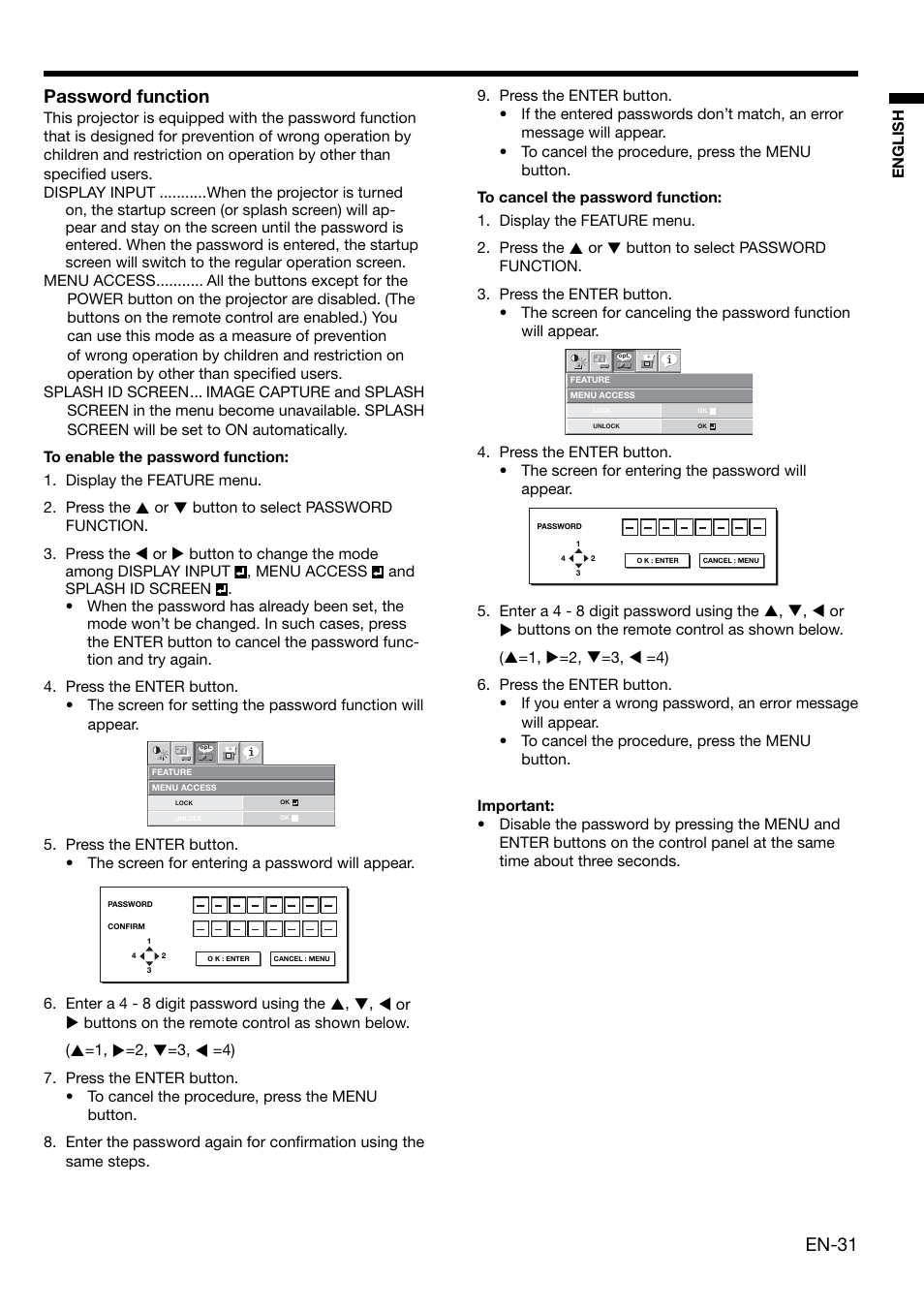 En-31, Password function | MITSUBISHI ELECTRIC XL650U User Manual | Page 31 / 45