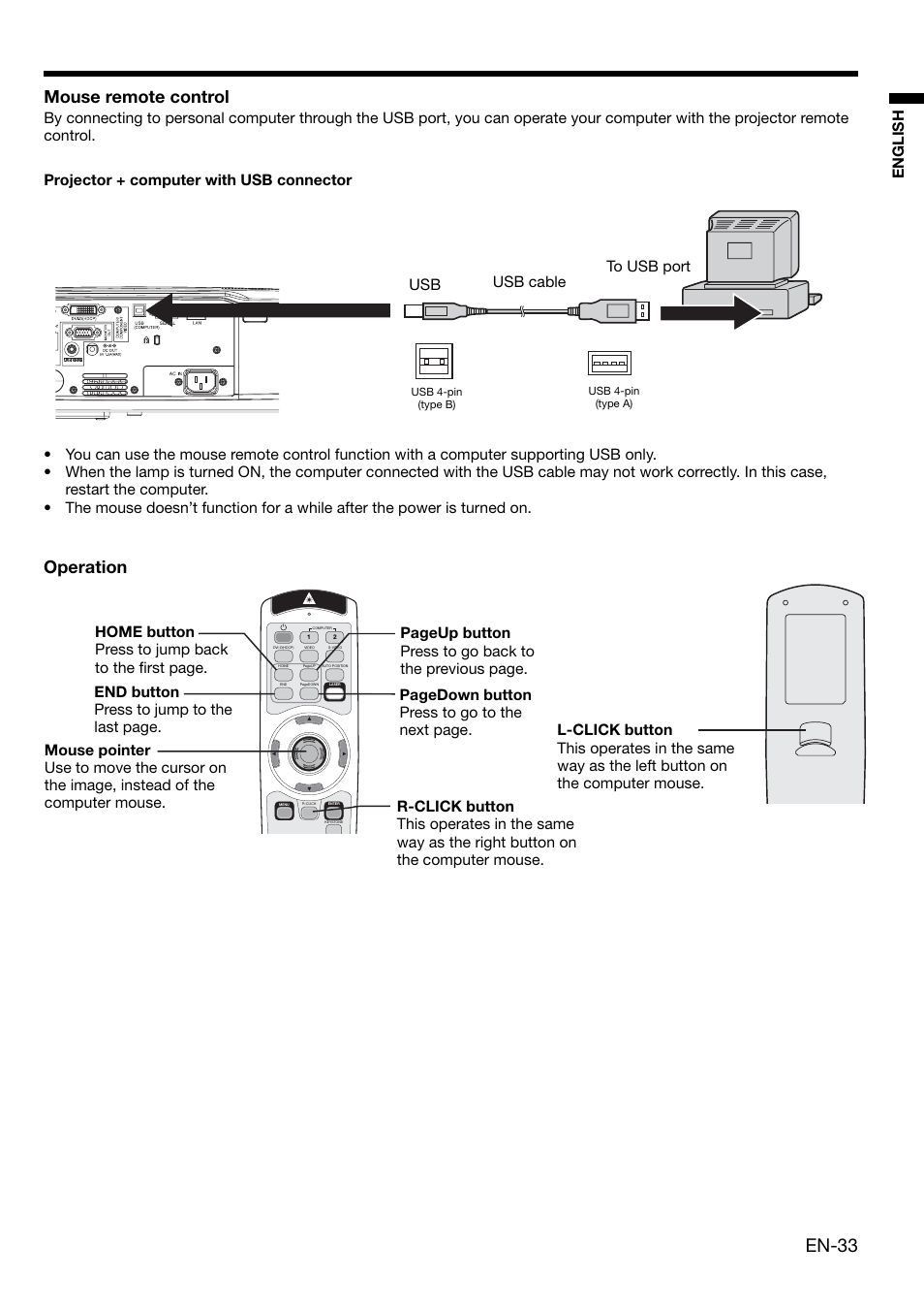 En-33, Mouse remote control, Operation | English | MITSUBISHI ELECTRIC XL650U User Manual | Page 33 / 45