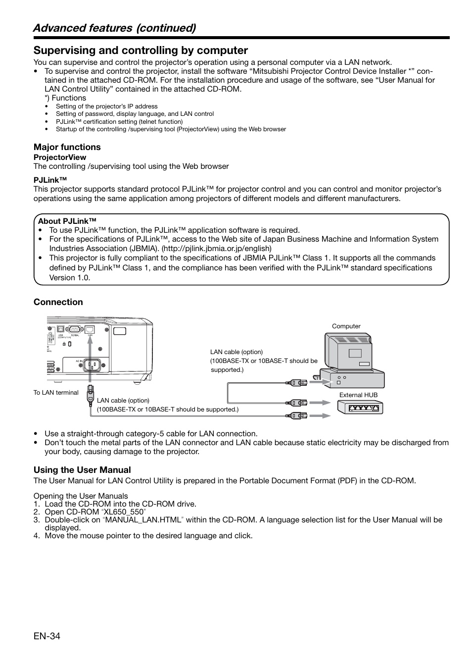 Advanced features (continued), Supervising and controlling by computer, En-34 | MITSUBISHI ELECTRIC XL650U User Manual | Page 34 / 45