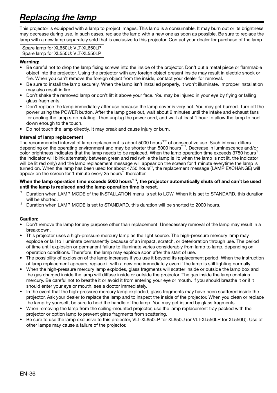 Replacing the lamp, En-36 | MITSUBISHI ELECTRIC XL650U User Manual | Page 36 / 45