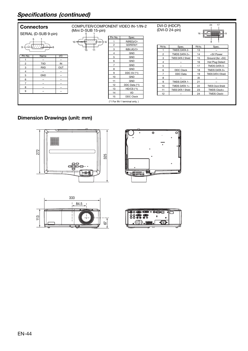 Specifi cations (continued), En-44, Connectors | Dimension drawings (unit: mm), Serial (d-sub 9-pin), Dvi-d (hdcp) (dvi-d 24-pin) | MITSUBISHI ELECTRIC XL650U User Manual | Page 44 / 45