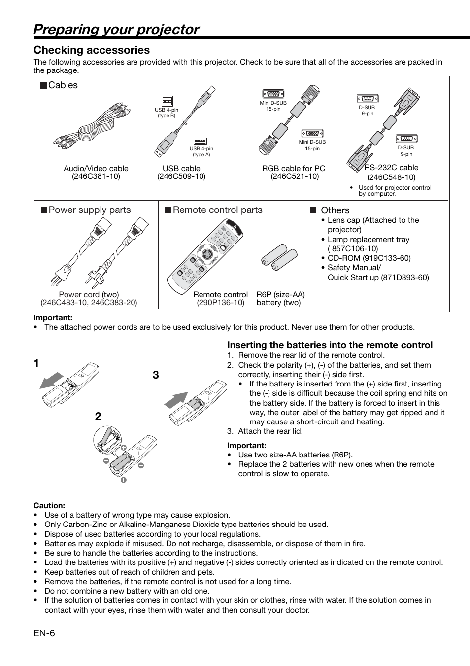 Preparing your projector, 12 3 checking accessories, En-6 | Inserting the batteries into the remote control, Cables power supply parts remote control parts, Others | MITSUBISHI ELECTRIC XL650U User Manual | Page 6 / 45