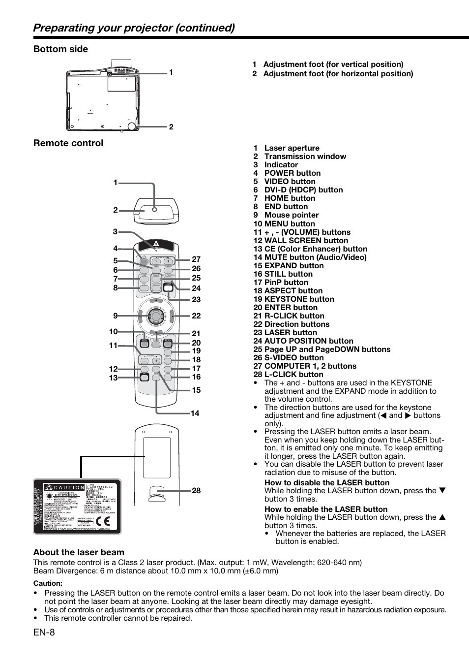 Preparating your projector (continued), En-8, Bottom side | Remote control, About the laser beam | MITSUBISHI ELECTRIC XL650U User Manual | Page 8 / 45