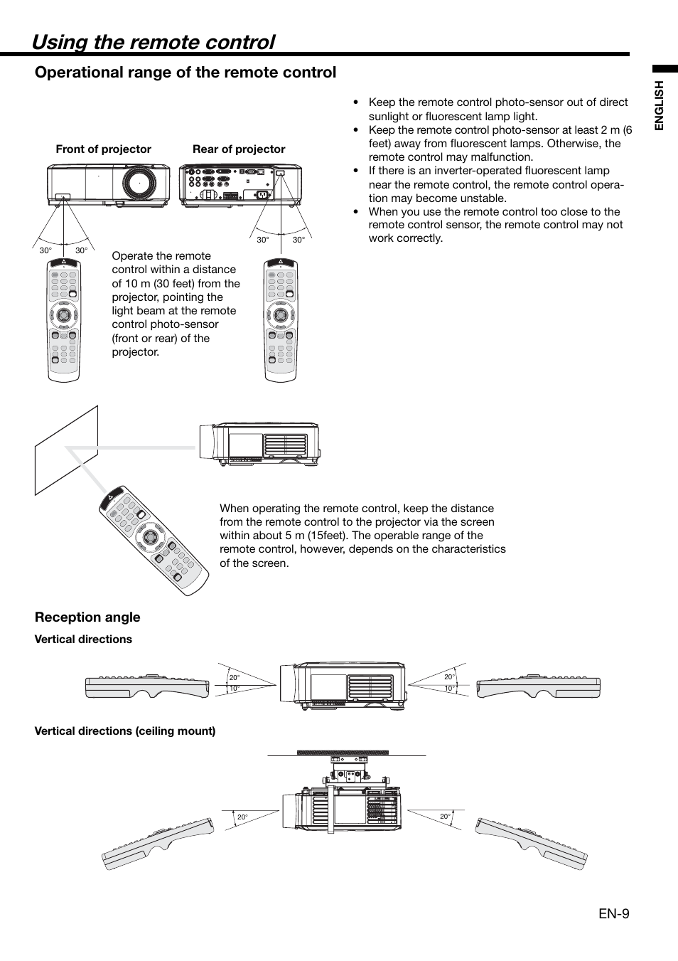 Using the remote control, Operational range of the remote control, En-9 | Reception angle | MITSUBISHI ELECTRIC XL650U User Manual | Page 9 / 45