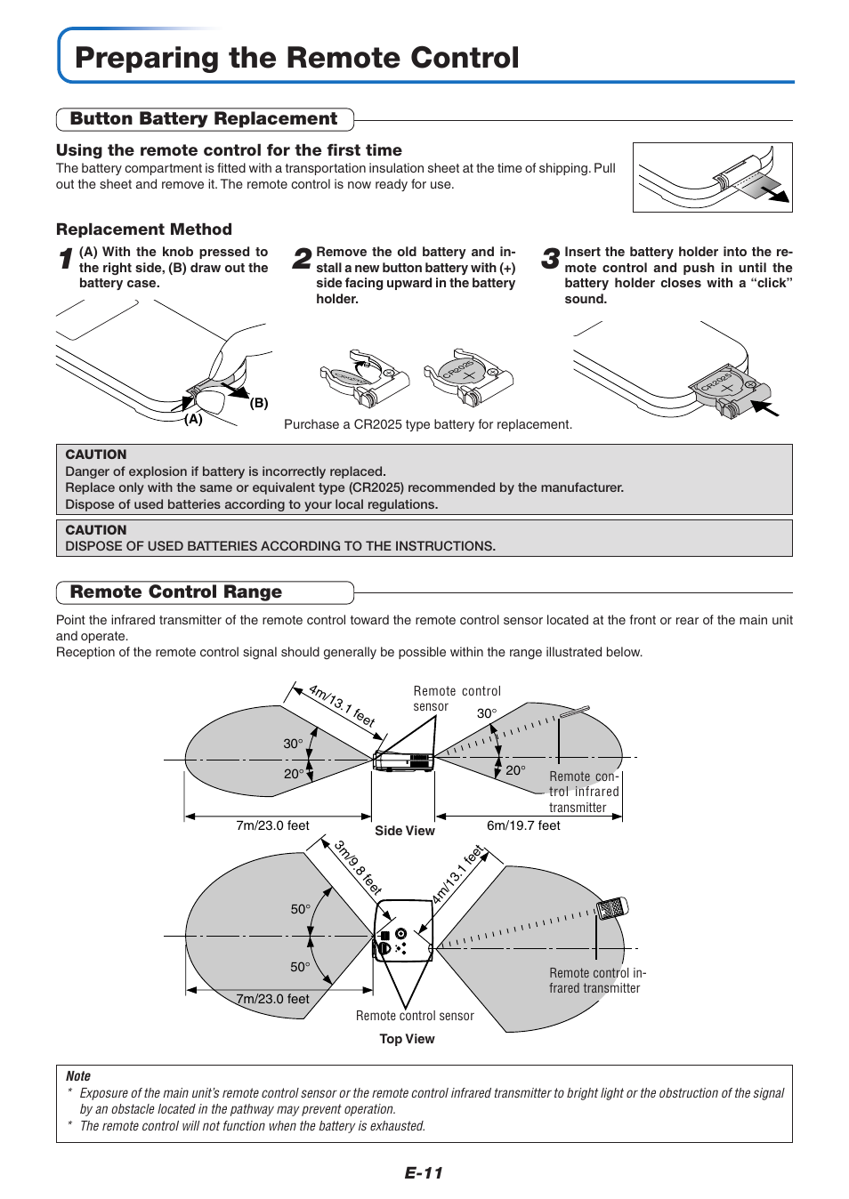 Preparing the remote control, Button battery replacement, Remote control range | MITSUBISHI ELECTRIC XD80U User Manual | Page 12 / 64