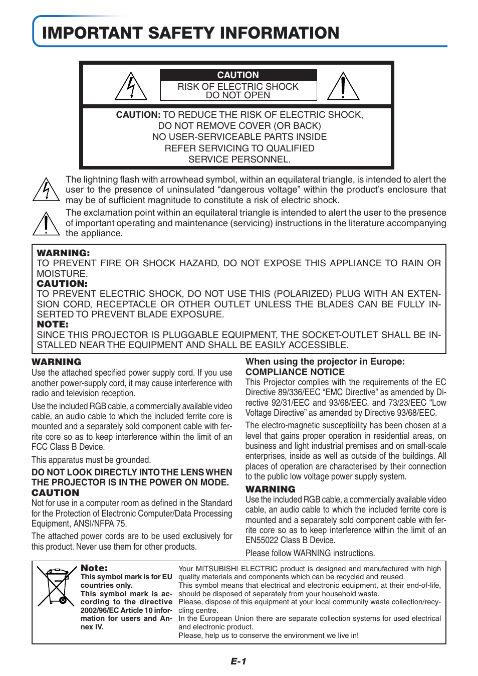 Important safety information | MITSUBISHI ELECTRIC XD80U User Manual | Page 2 / 64