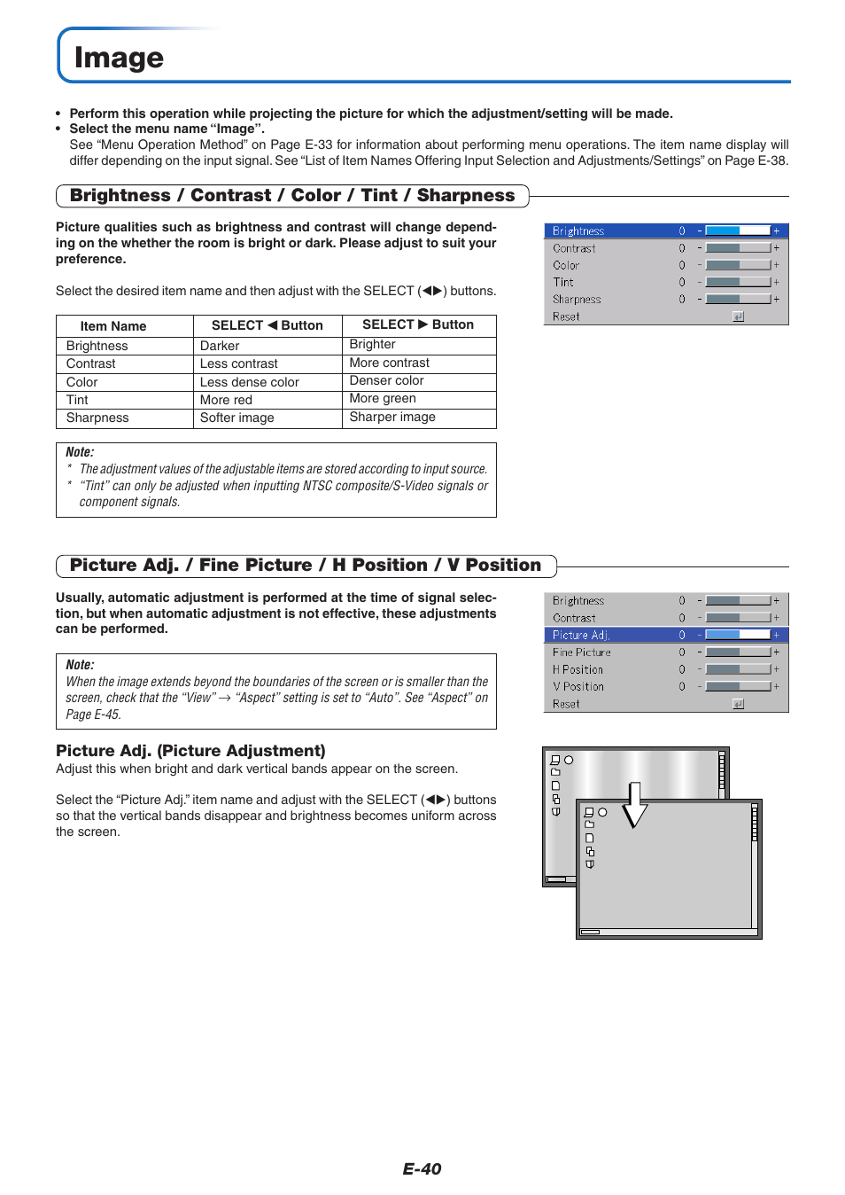 Image, Brightness / contrast / color / tint / sharpness | MITSUBISHI ELECTRIC XD80U User Manual | Page 41 / 64