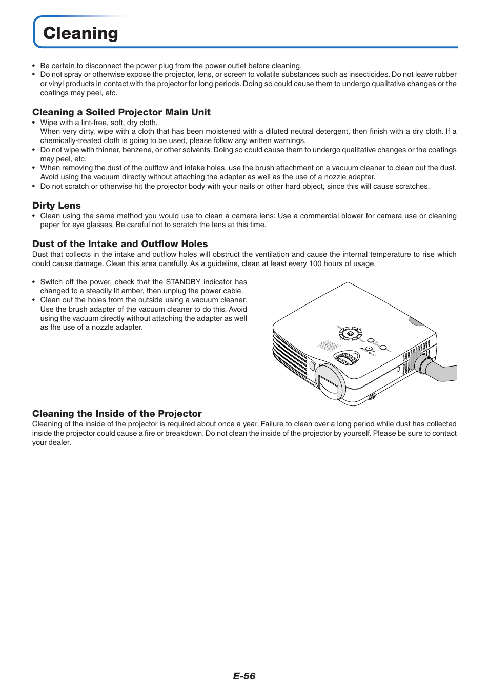 Cleaning, E-56, Cleaning a soiled projector main unit | Dirty lens, Dust of the intake and outflow holes, Cleaning the inside of the projector | MITSUBISHI ELECTRIC XD80U User Manual | Page 57 / 64