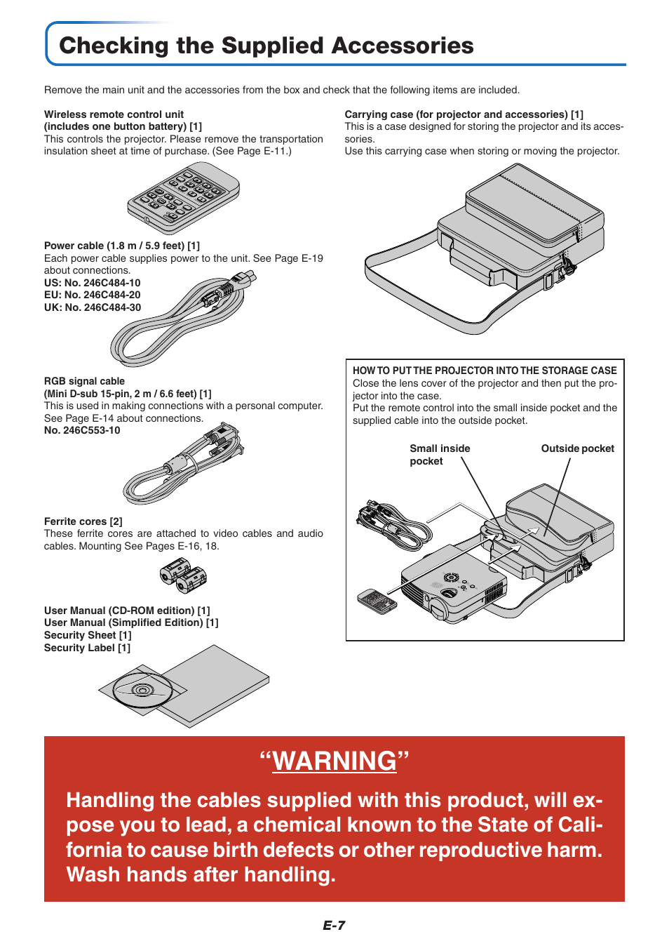 Checking the supplied accessories, Warning | MITSUBISHI ELECTRIC XD80U User Manual | Page 8 / 64