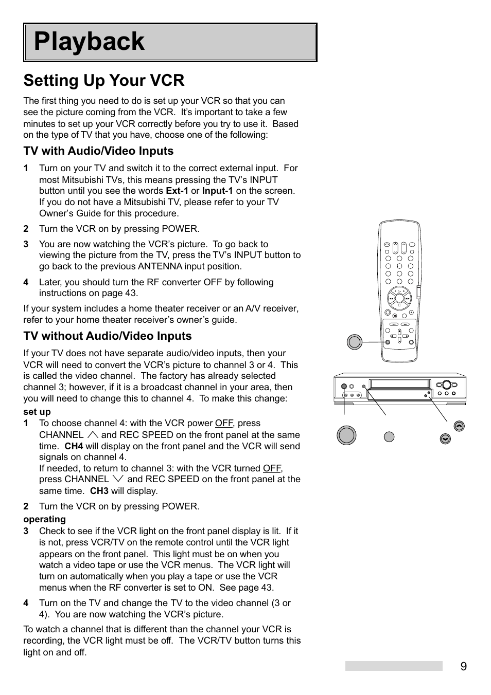 Playback, Setting up your vcr, Tv with audio/video inputs | Tv without audio/video inputs | MITSUBISHI ELECTRIC HS-U748 User Manual | Page 11 / 60