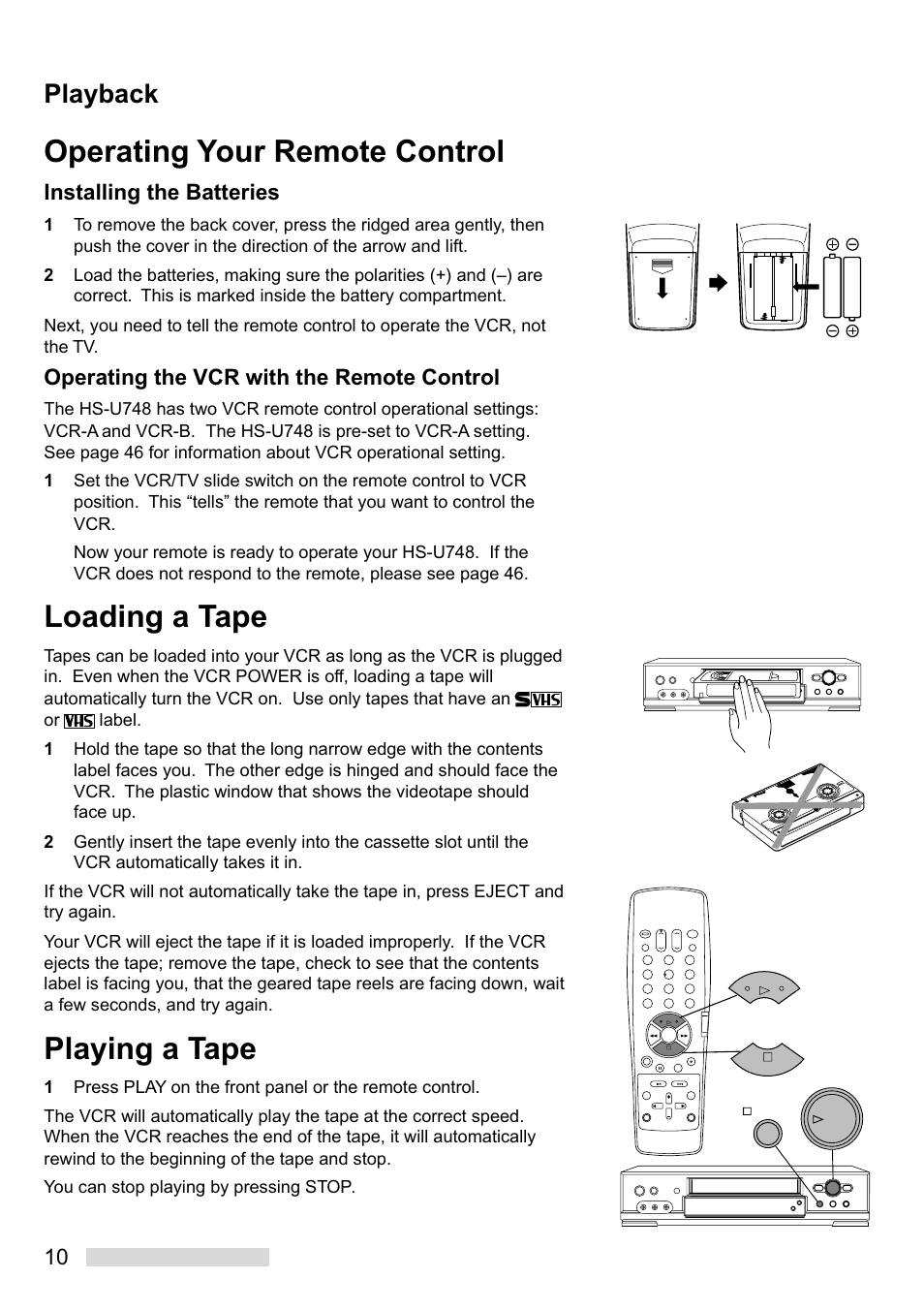 Operating your remote control, Loading a tape, Playing a tape | Playback, Installing the batteries, Operating the vcr with the remote control | MITSUBISHI ELECTRIC HS-U748 User Manual | Page 12 / 60